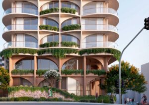 Architectural rendering of the podium level and ground plane of the proposed Bloom development, showing landscaped public realm areas and building interface.