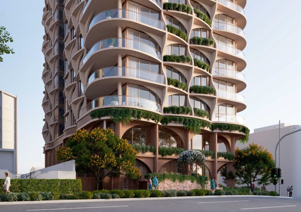 Architectural rendering of the podium level and ground plane of the proposed Bloom development, showing landscaped public realm areas and building interface.