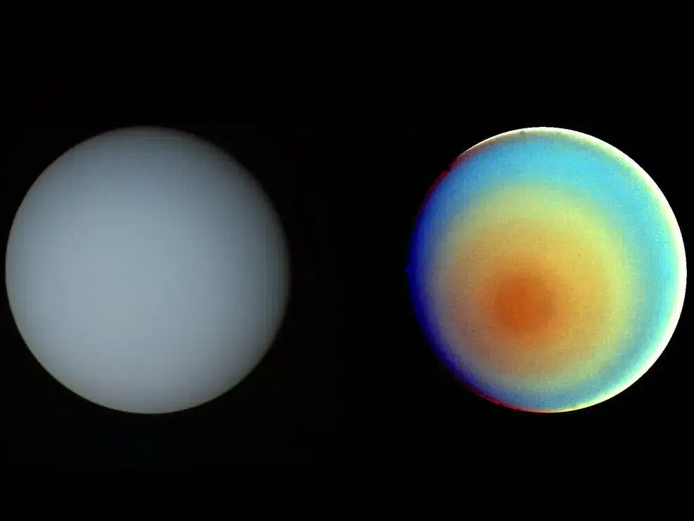  Voyager 2 images of Uranus in natural color, left, and false-color to highlight atmospheric features on an otherwise rather bland looking planet, taken from 5.7 million miles away. Credit: NASA