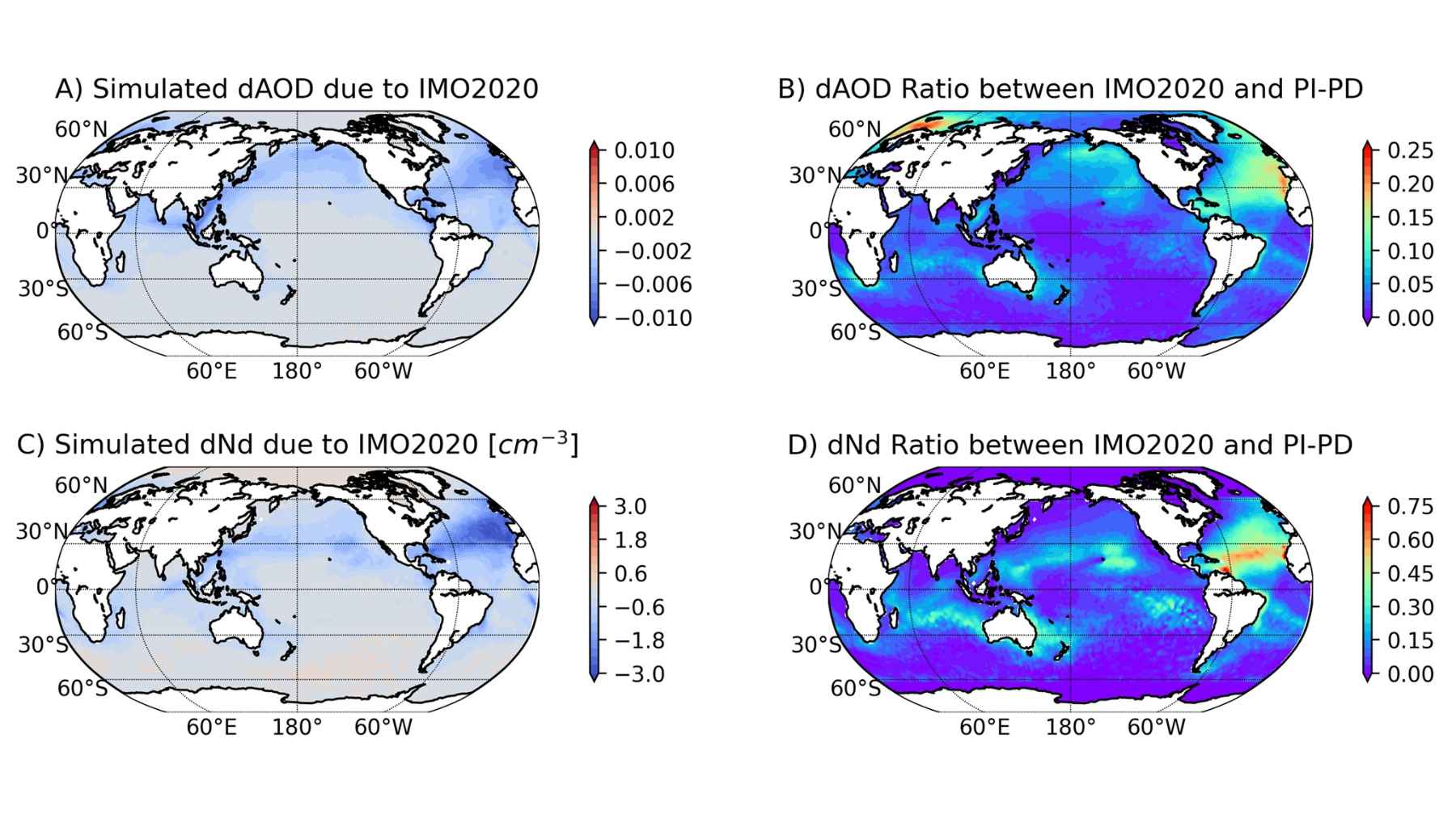 Global maps show modeled changes in aerosol optical depth and cloud droplet numbers after the IMO2020 shipping sulfur rules.