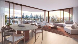 Architectural rendering of a typical internal apartment layout within the proposed Bloom development, illustrating residential living spaces and balcony connections.