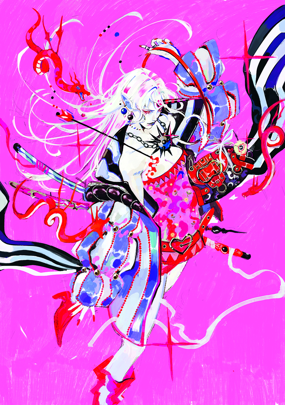 Digital art showing a character drawing in chaotic vibrant red and high contrast colours