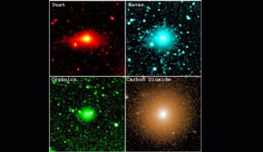 Four images arranged in a square show a red, blue, green and yellow tint to similar photographs of interstellar comet 3I/ATLAS, a glowing ball of light in the middle of each of the four images. The images from top left to bottom right are labeled as: dust, water, organics and carbon dioxide