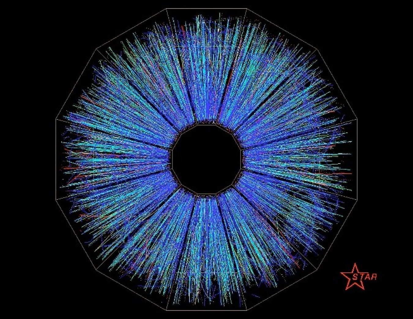 An image of blue and green streaks emitting from a dark central circle, all on a black background
