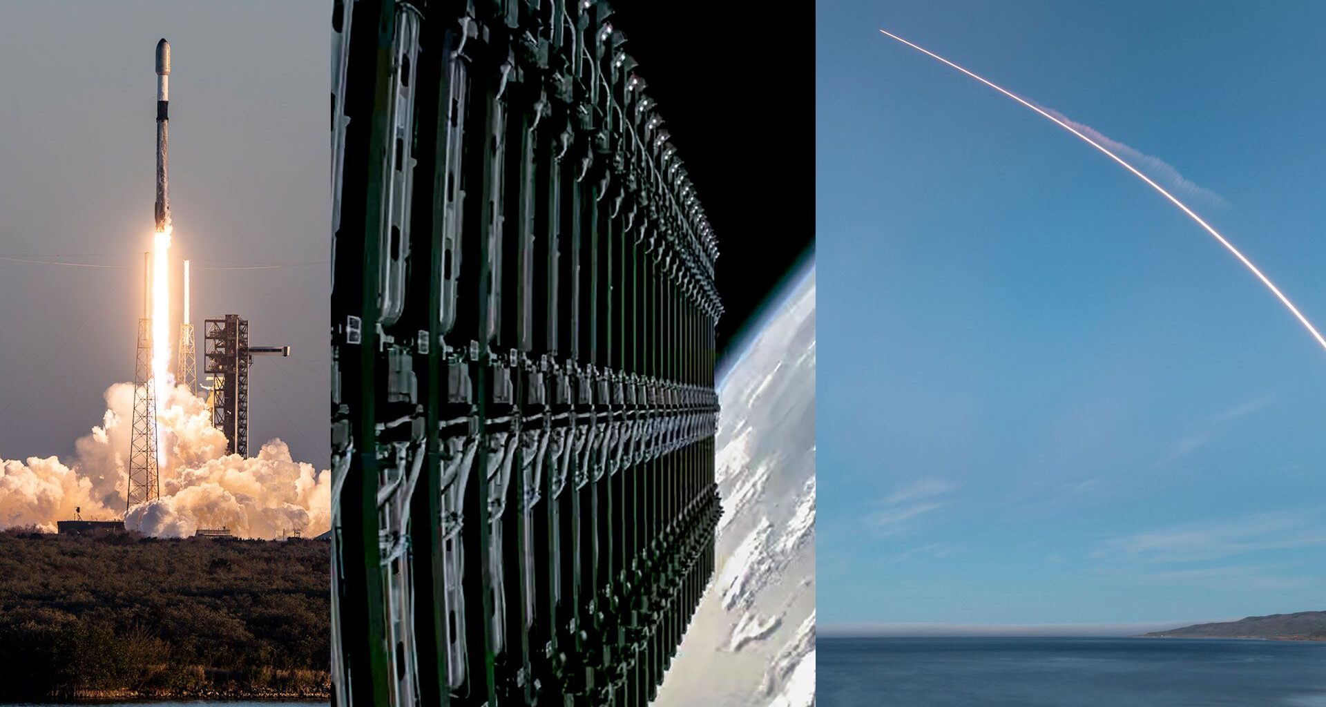 a montage of three photos showing a rocket launch, satellites being deployed into Earth orbit and a timelapse exposure of another rocket launch