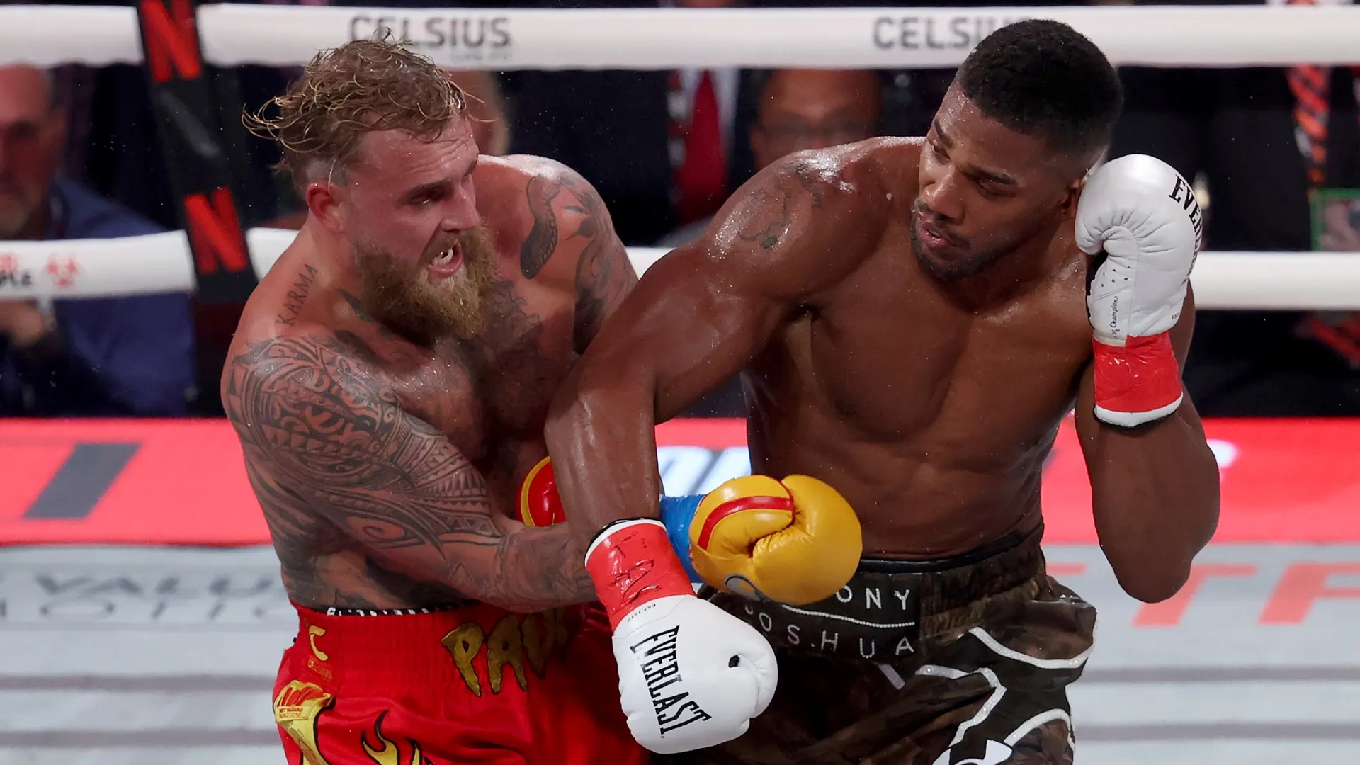 Anthony Joshua punches Jake Paul in their heavyweight bout. Leonardo Fernandez/Getty Images