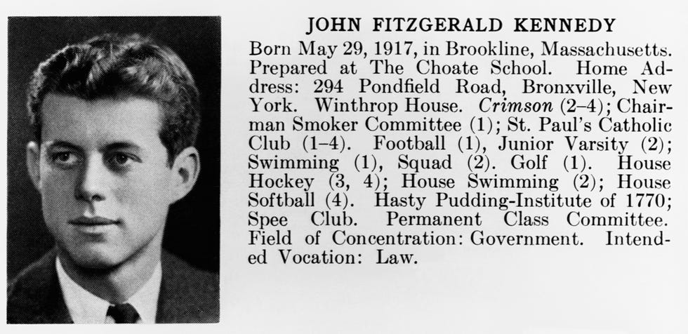 john f. kennedy's harvard yearbook photograph and summary of activities.
