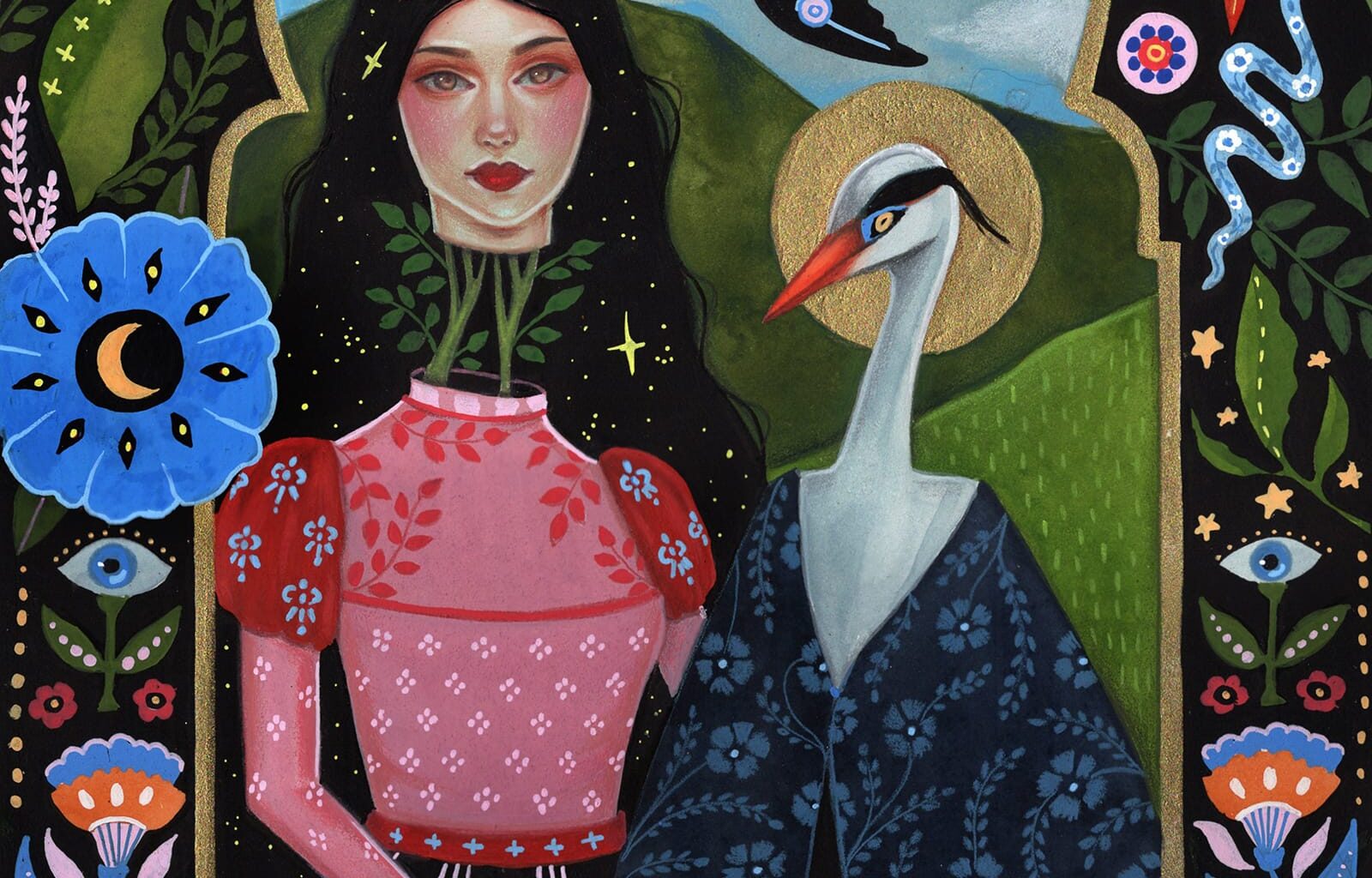 a folk-art inspired portrait by Aunia Kahn, depicting a woman with a floating head and a swan standing next to each other. floral and avian motifs pattern around the middle and out toward the borders of the piece.