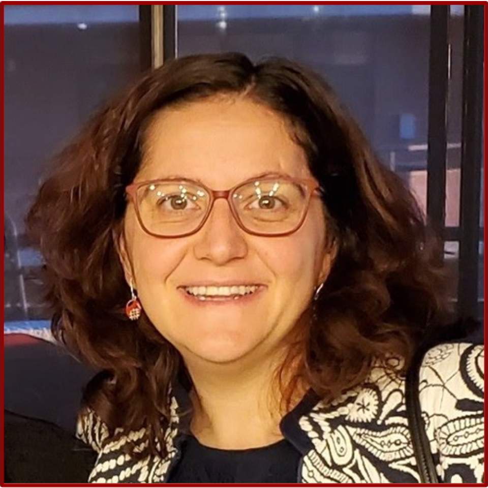 Photo of a woman with shoulder-length brown hair and glasses smiling at the camera. She appears to be indoors in front of a window at night.
