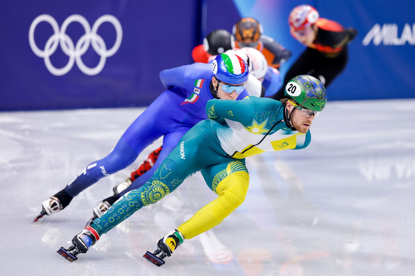 Brendan Corey of Australia competing in the Men's 1500m during Day 8 of Short Track Speed Skating - Milano Cortina 2026 Winter Olympics at Milano Ice Skating Arena on February 14, 2026 in Milan, Italy.