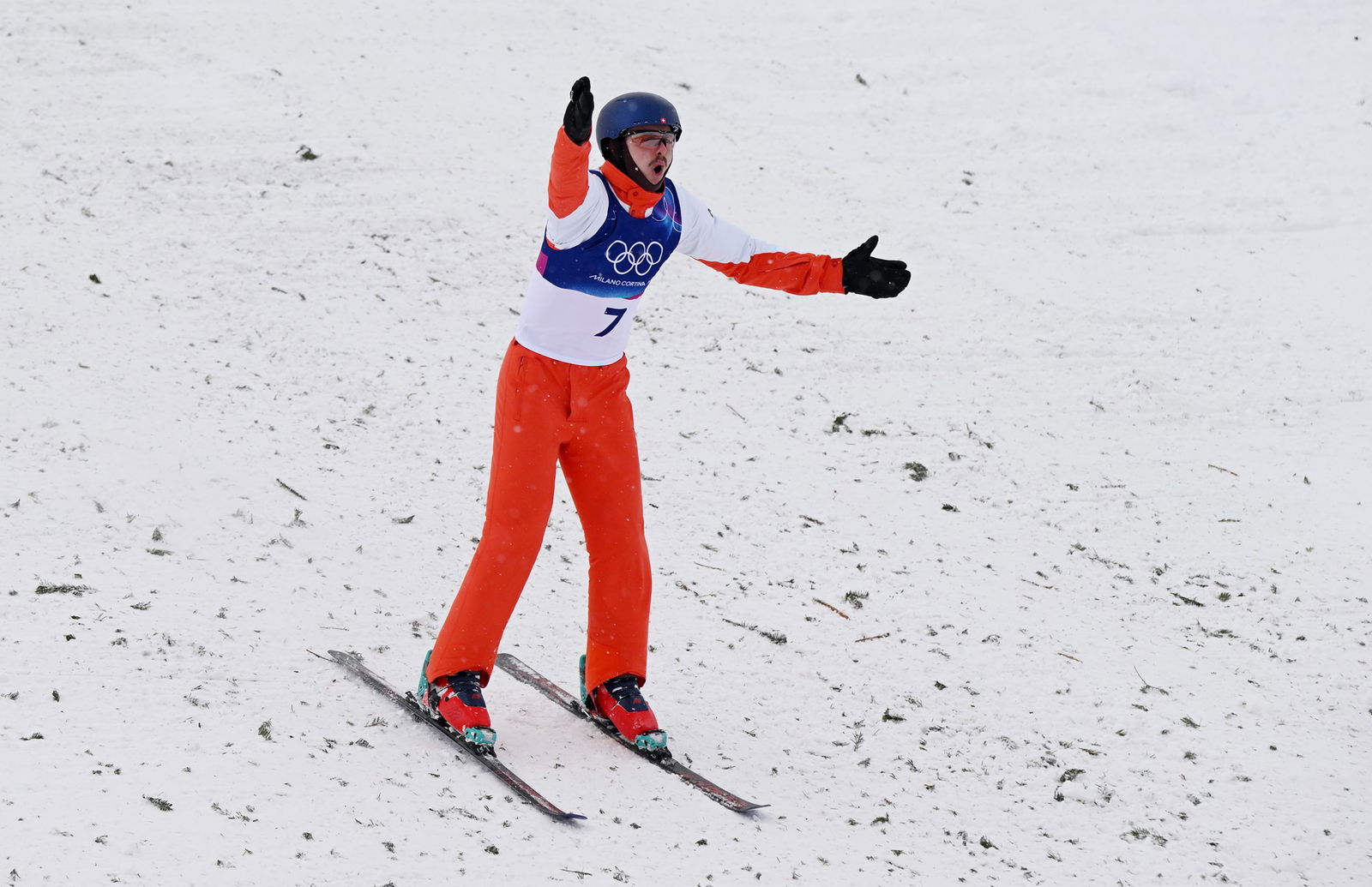  Noe Roth of Team Switzerland reacts after competing in Final One of the Men's Aerials Final on day fourteen of the Milano Cortina 2026 Winter Olympic games at Livigno Snow Park on February 20, 2026 in Livigno, Italy. 