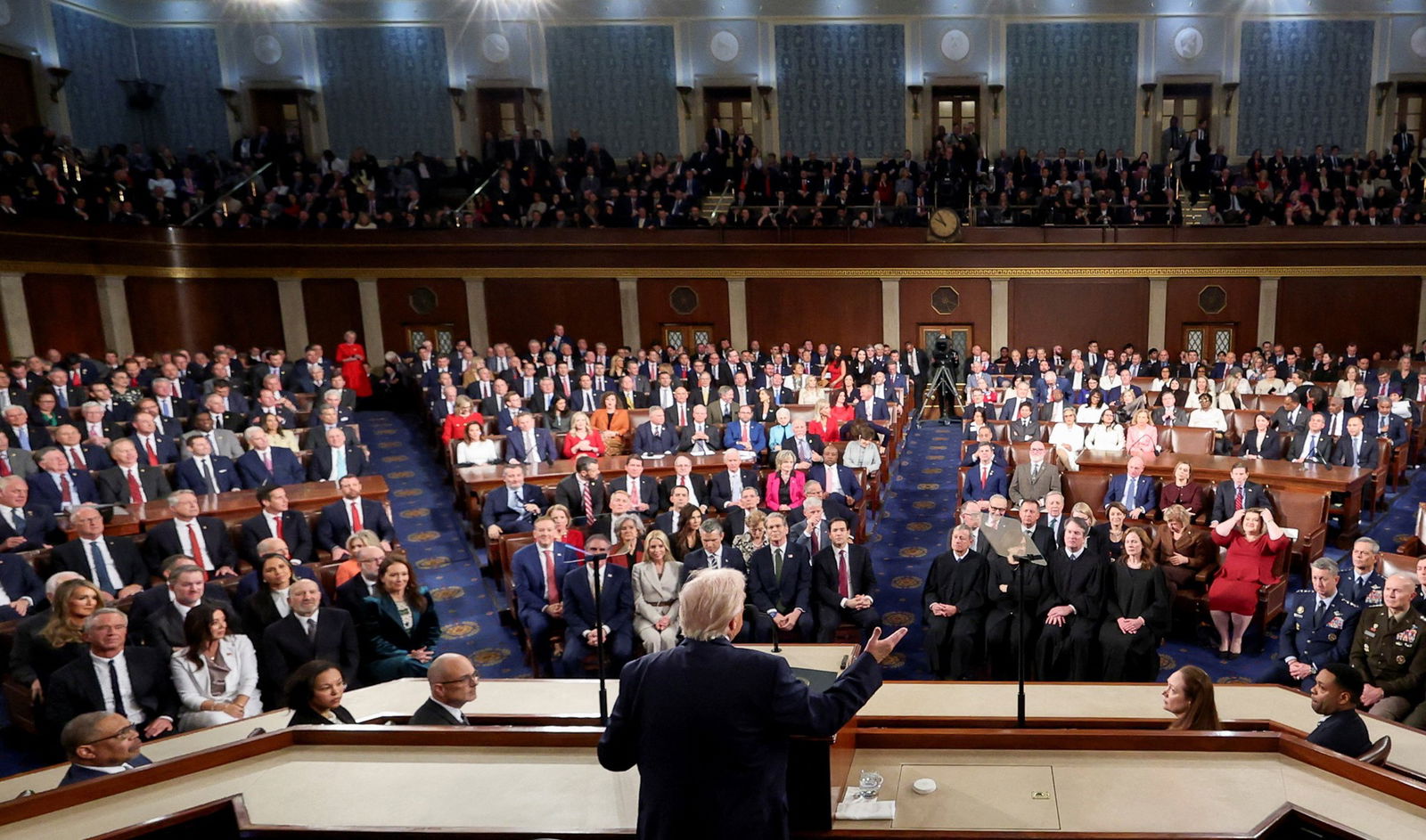 A rear view of Trump facing out to the House of Representatives chamber