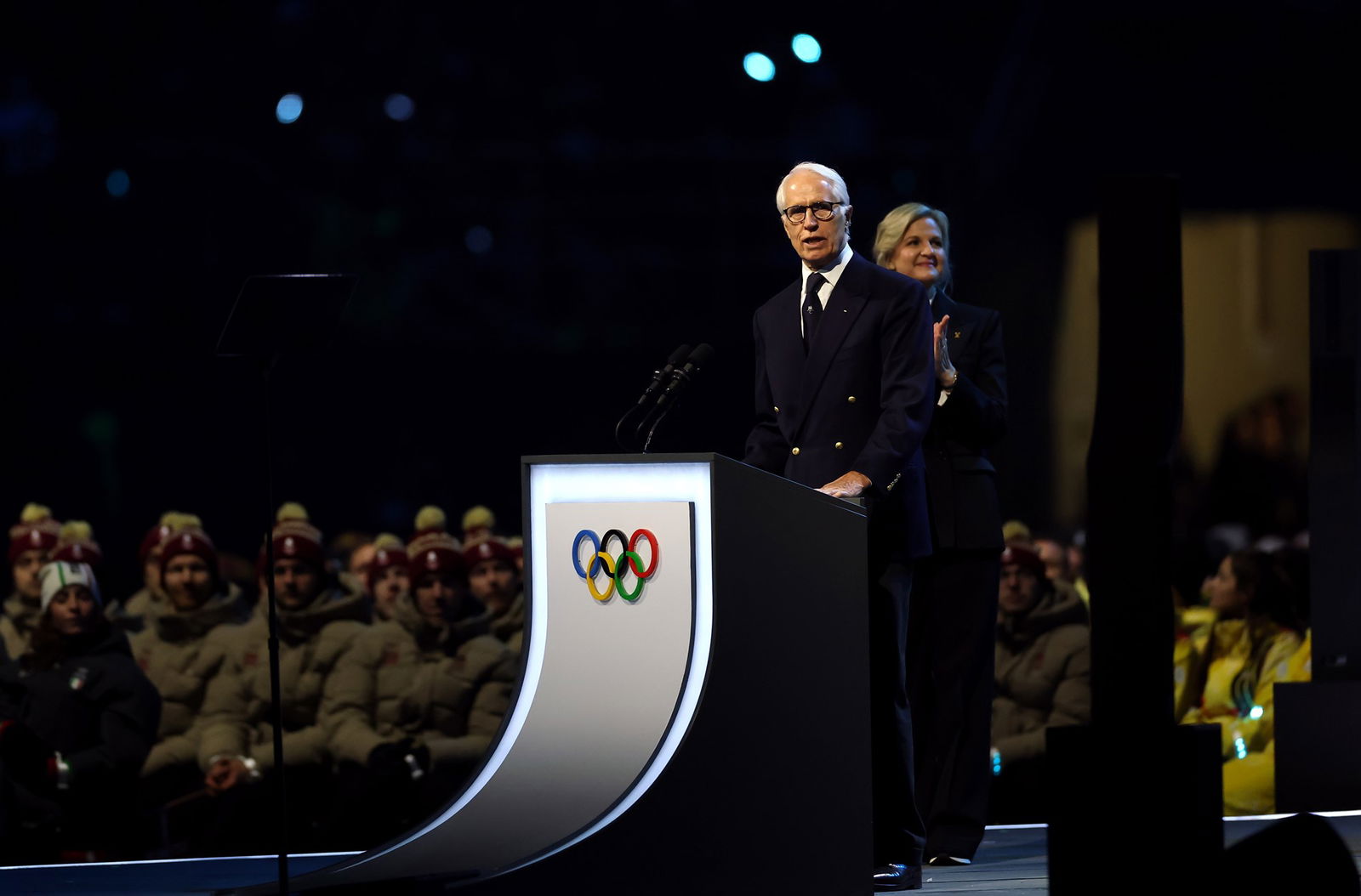 Giovanni Malago, President of Milano Cortina 2026 Organizing Committee, gives a speech during the opening ceremony of the Milano Cortina 2026 Winter Olympics at San Siro Stadium on February 06, 2026 in Milan, Italy.