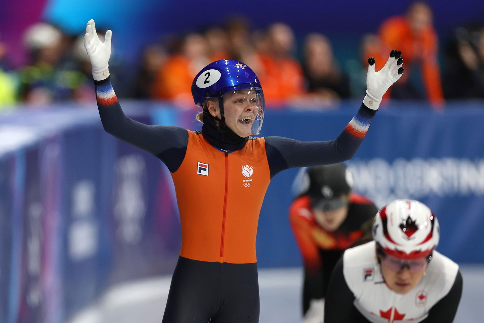 Xandra Velzeboer of Team Netherlands celebrates after winning gold in the finals of the Short Track Speed Skating Women's 1000m on day ten of the Milano Cortina 2026 Winter Olympic games at Milano Ice Skating Arena on February 16, 2026 in Milan, Italy.