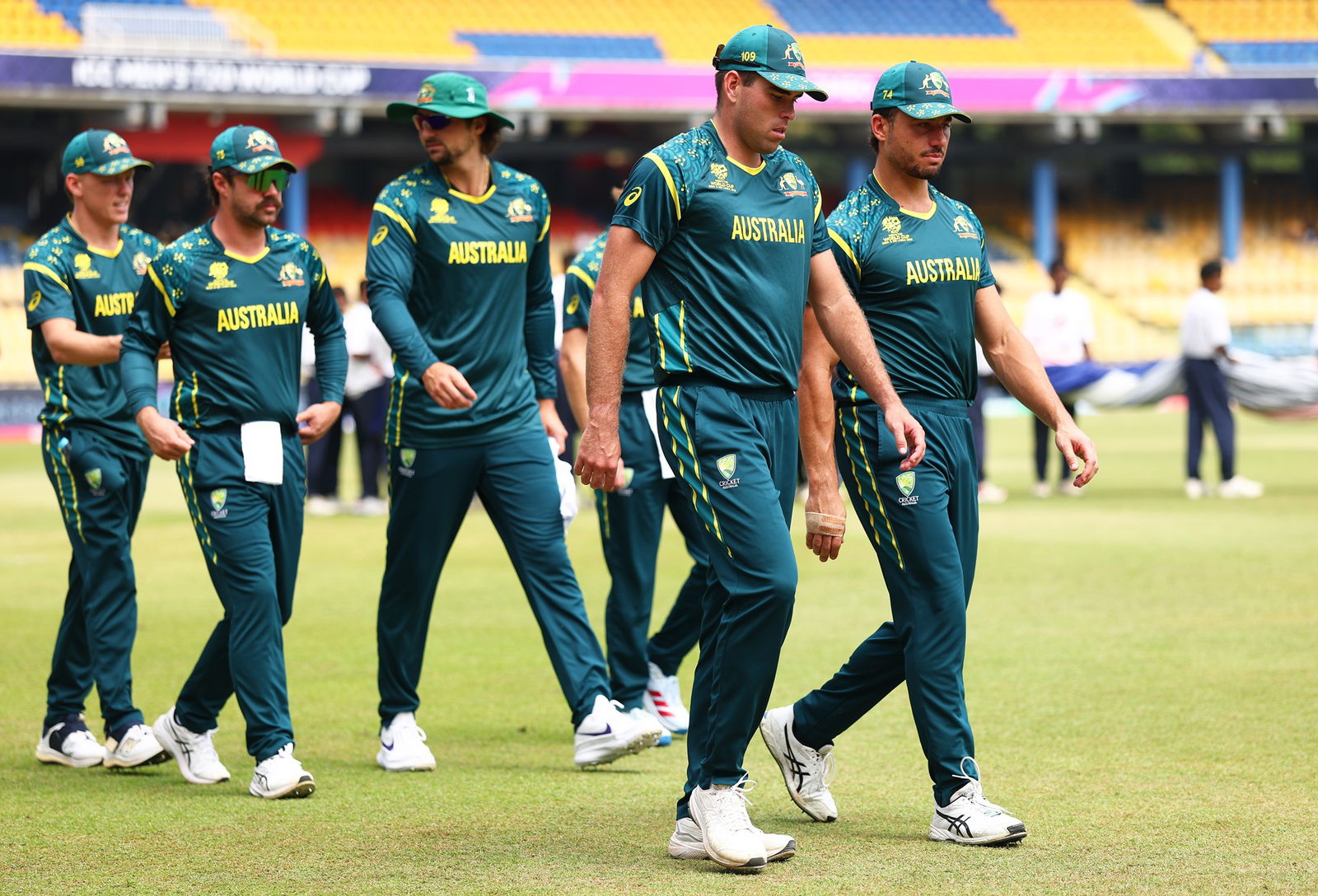 Australian players walk out prior to their Group B clash against Zimbabwe in Colombo.