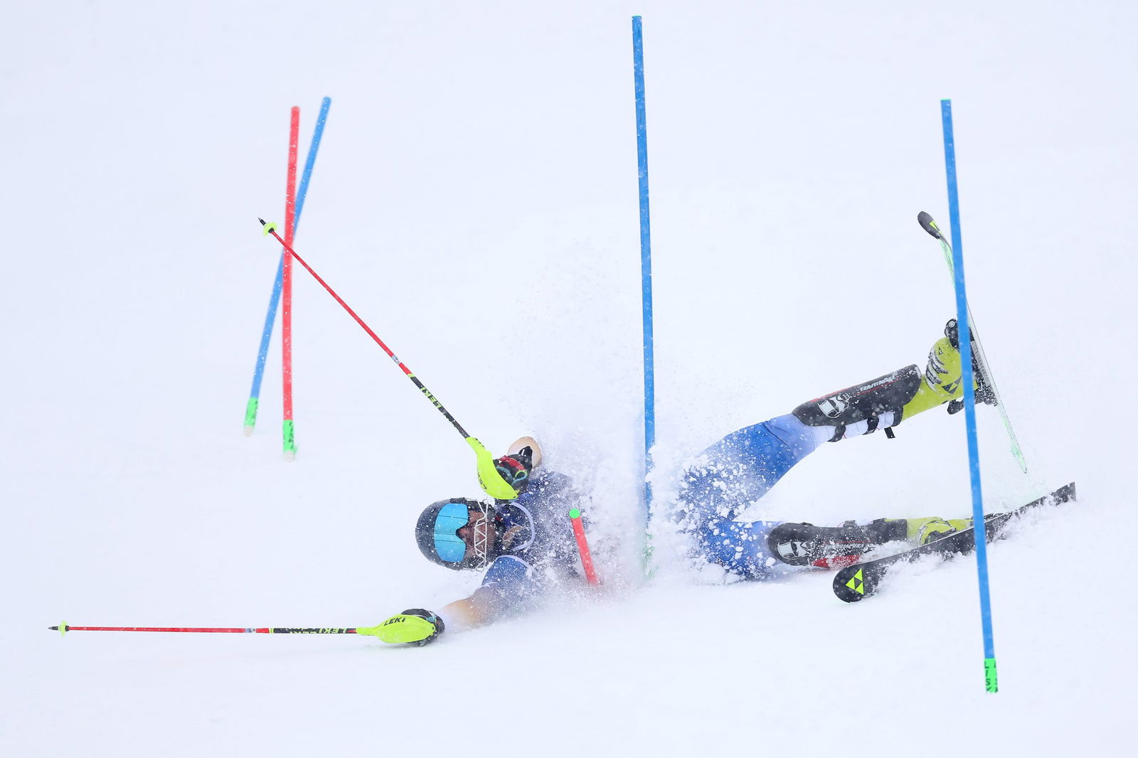 Drin Kokaj of Team Kosovo crashes during the Men's Slalom Run on day ten of the Milano Cortina 2026 Winter Olympics at Stelvio Alpine Skiing Centre on February 16, 2026 in Bormio, Italy. 