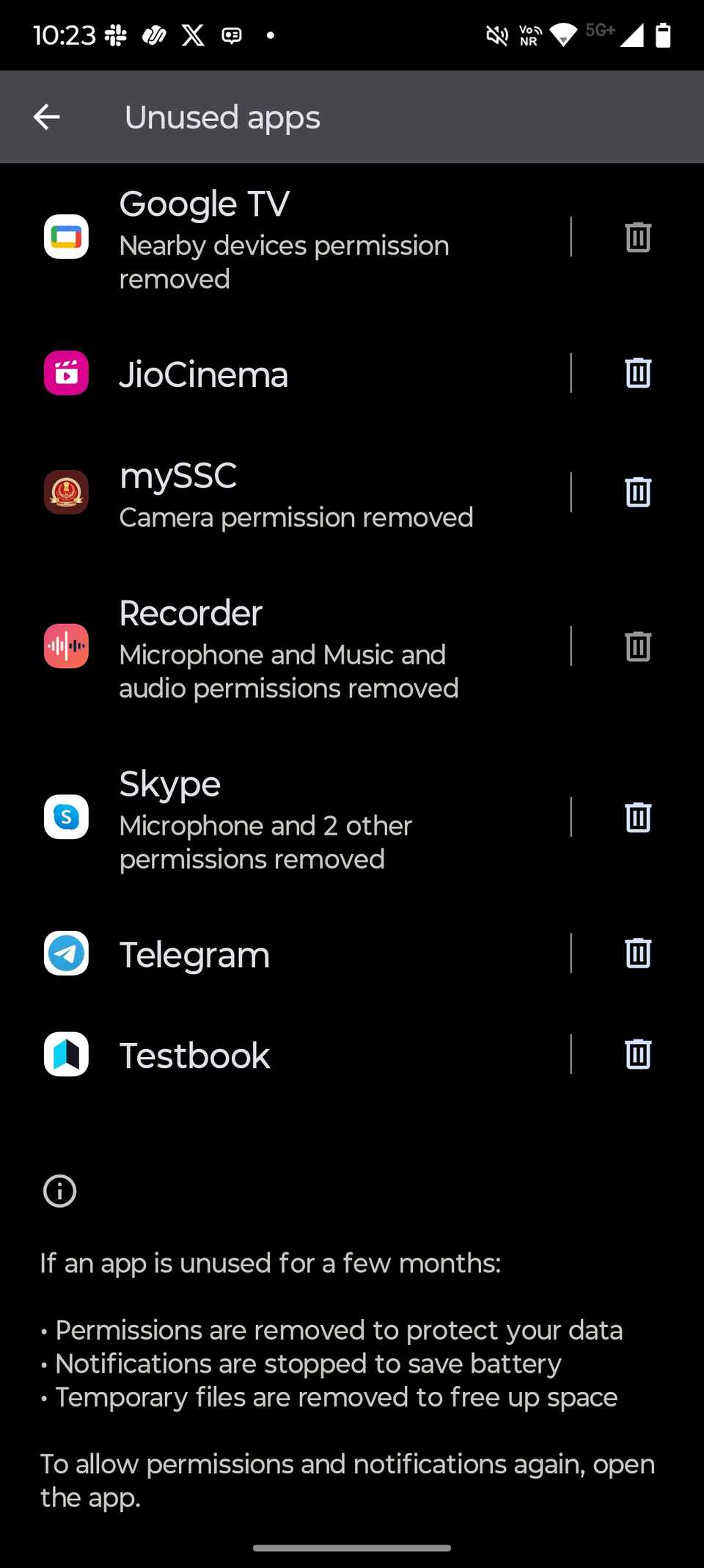 Screenshot showing list of unused apps in hello UI