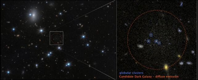 At left, a field of space with a dozen white foreground stars and a number of small, yellow background galaxies. An unremarkable area at centre is outlined with a dashed circle surrounded by a white box. Lines extend from the box to a pullout at right containing faint, grainy white light surrounded by a circle labeled 