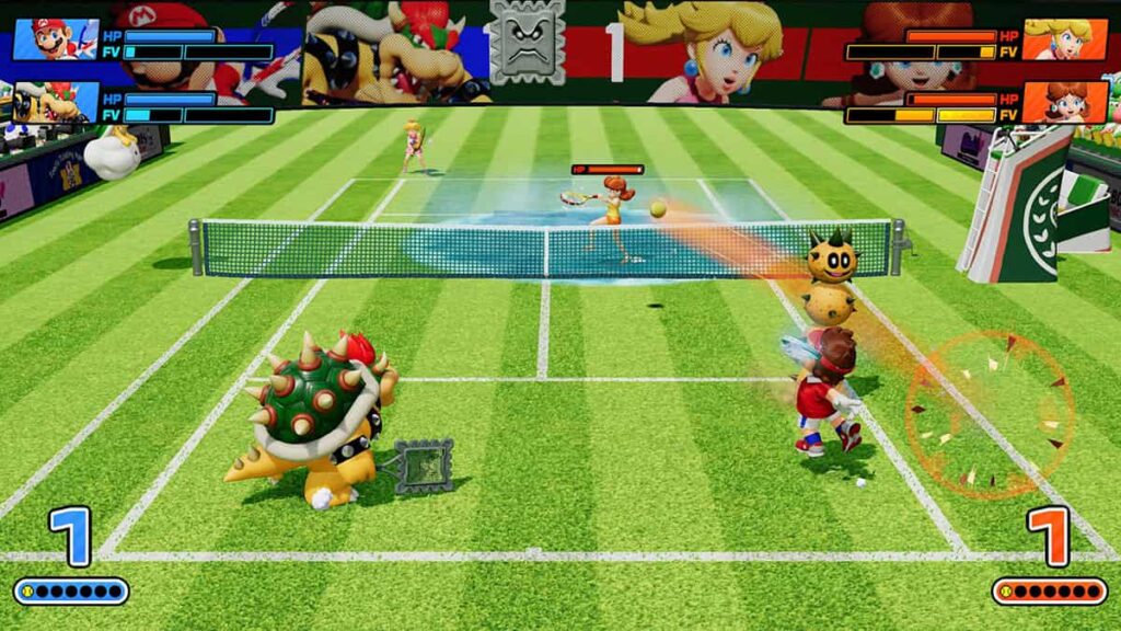 Screenshot showcasing the gameplay in Nintendo Mario Tennis Fever, with two doubles tennis teams playing a match.