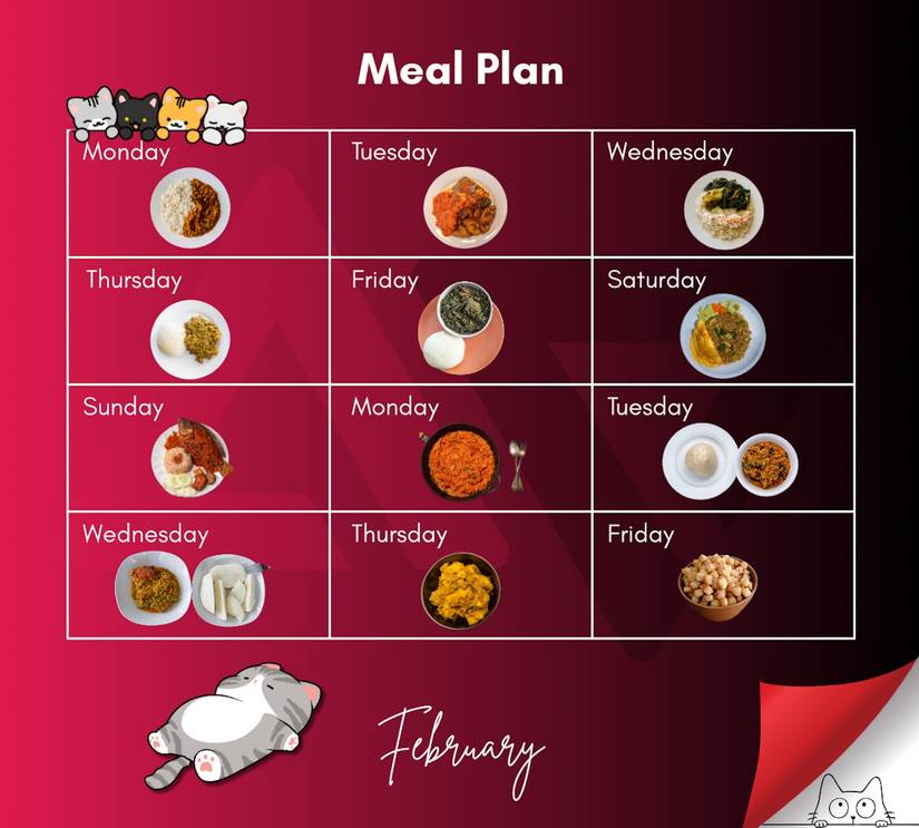 Meal calendar for February showing images of foods and animated cats