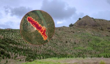 Hillside landscape with an inset satellite-style heat map highlighting a methane plume, illustrating research on temporary CO2 removals.