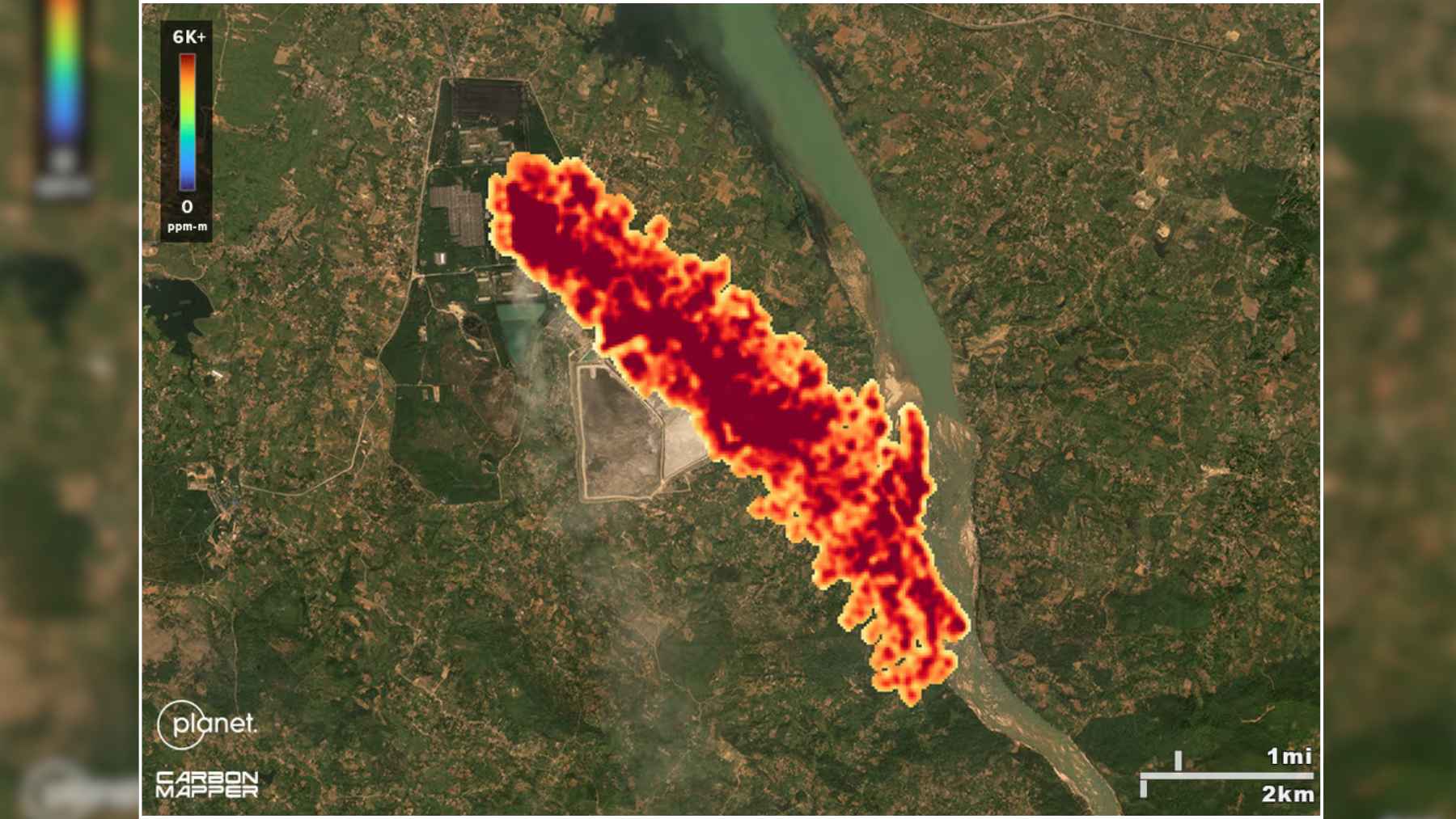 Satellite-style image showing a methane plume highlighted in color over central India, indicating a concentrated emissions hotspot.