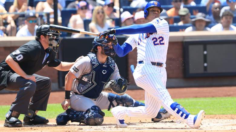 New York Mets batter Juan Soto swings against the New York Yankees during a game.