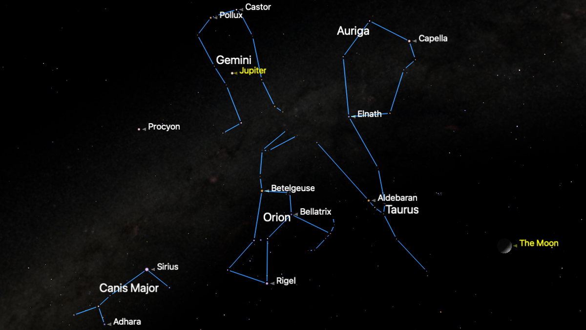 A simulation of the night sky for Feb. 21 showing the stars of prominent winter constellations connected by a blue line.