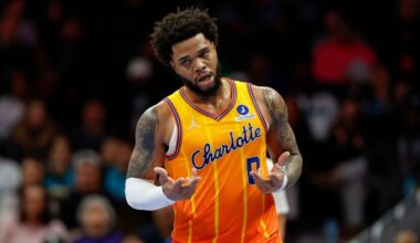 Charlotte Hornets forward Miles Bridges makes the "6-7" motion after scoring against the Washington Wizards in Charlotte, N.C., on Jan. 24, 2026. (AP File Photo/Nell Redmond)