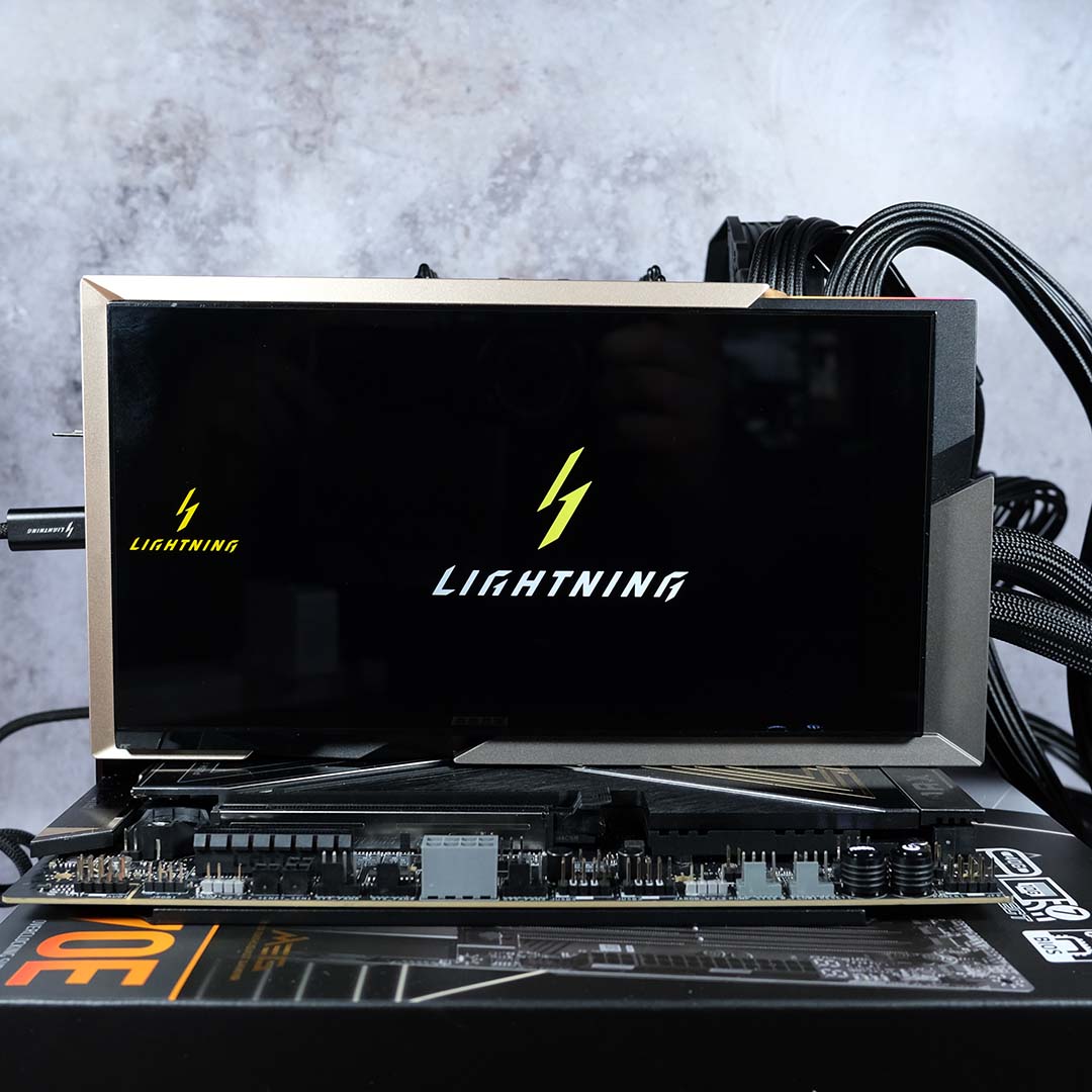 The MSI GeForce RTX 5090 Lightning Z, displaying a 'Lightning' logo on it screen.