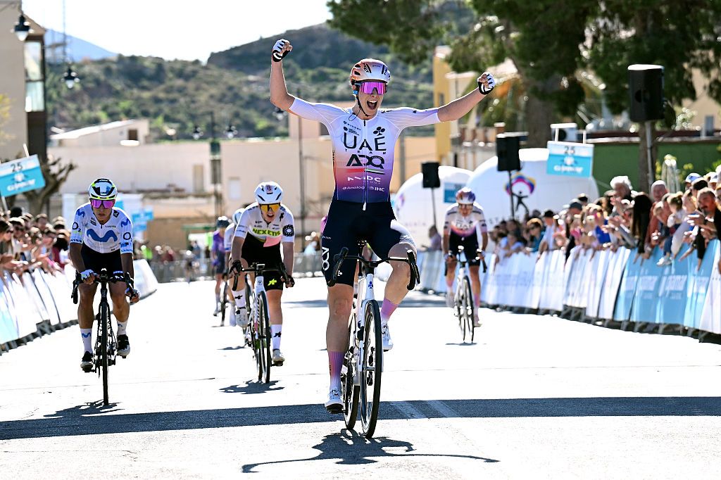 TABERNAS, SPAIN - FEBRUARY 22: Federica Venturelli of Italy and UAE Team ADQ celebrates at finish line as race winner during the 4th Clasica de Almeria Women&amp;apos;s Elite 2026 a 118.8km one day race from Almeria to Tabernas on February 22, 2026 in Almeria, Spain. (Photo by Antonio Baixauli/Getty Images)