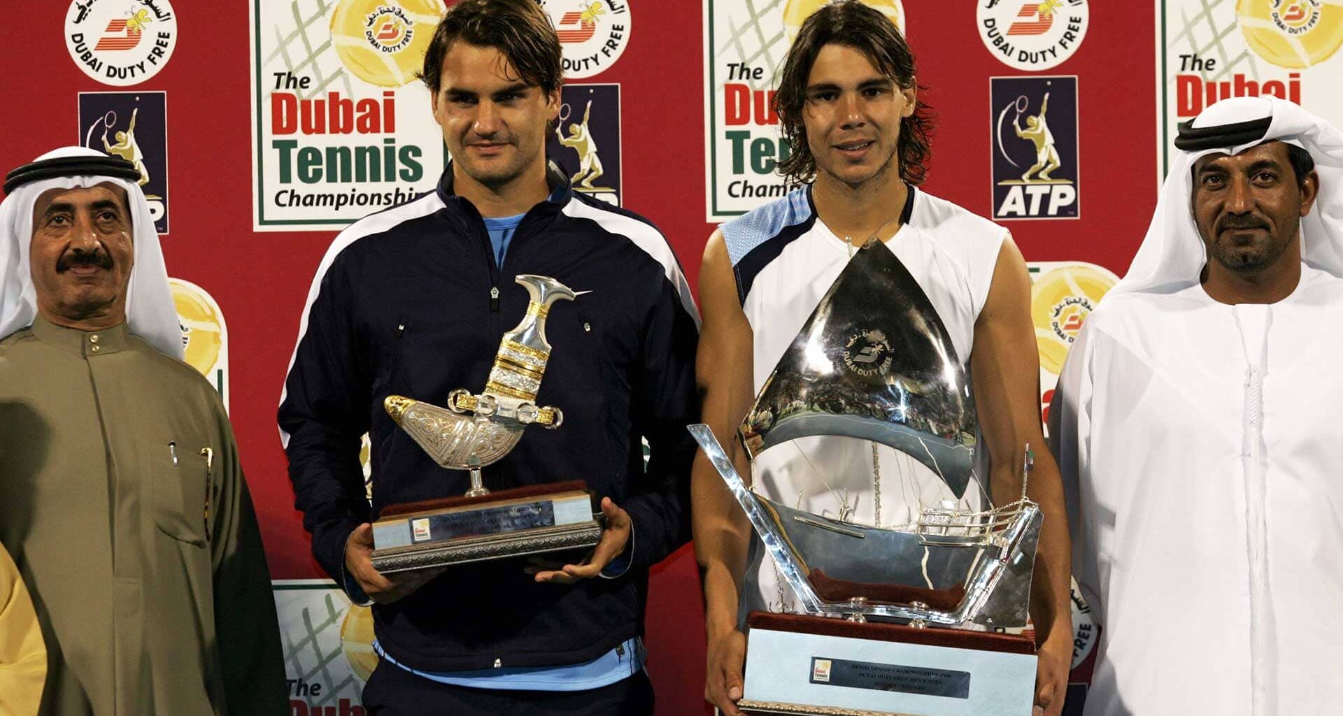 Roger Federer and Rafael Nadal during the trophy ceremony after the 2006 Dubai final.