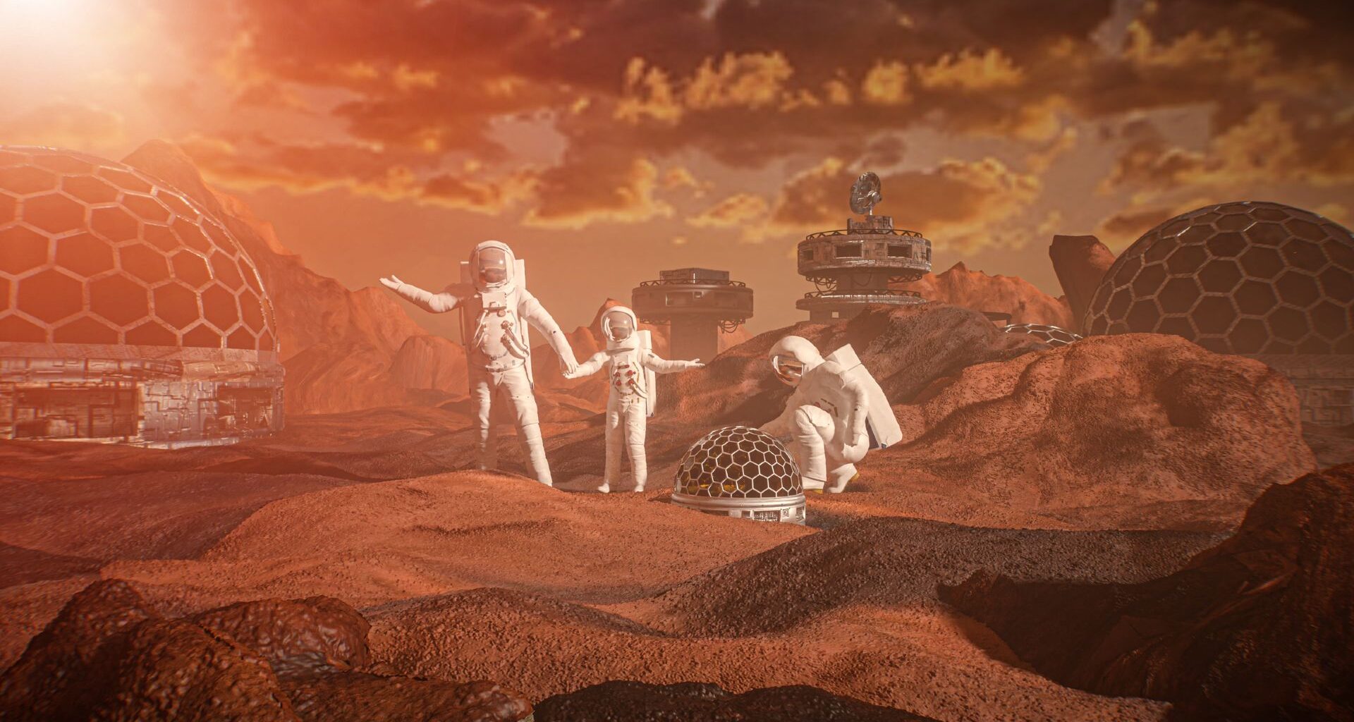 Two adult astronauts and one child-sized astronaut with dark helmets stand on a red surface with domed buildings nearby