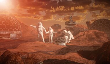 Two adult astronauts and one child-sized astronaut with dark helmets stand on a red surface with domed buildings nearby