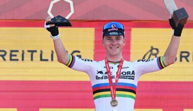 ABU DHABI, UNITED ARAB EMIRATES - FEBRUARY 17: Remco Evenepoel of Belgium and Team Red Bull - BORA - hansgrohe celebrates at podium as stage winner during the 8th UAE Tour 2026, Stage 2 a 12.2km individual time trial stage from Hudayriyat Island to Hudayriyat Island / #UCIWT / on February 17, 2026 in Abu Dhabi, United Arab Emirates. (Photo by Tim de Waele/Getty Images)