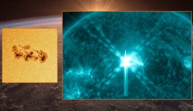 two panel image on the left is the giant sunspot close up and on the right the huge x flare that was released today