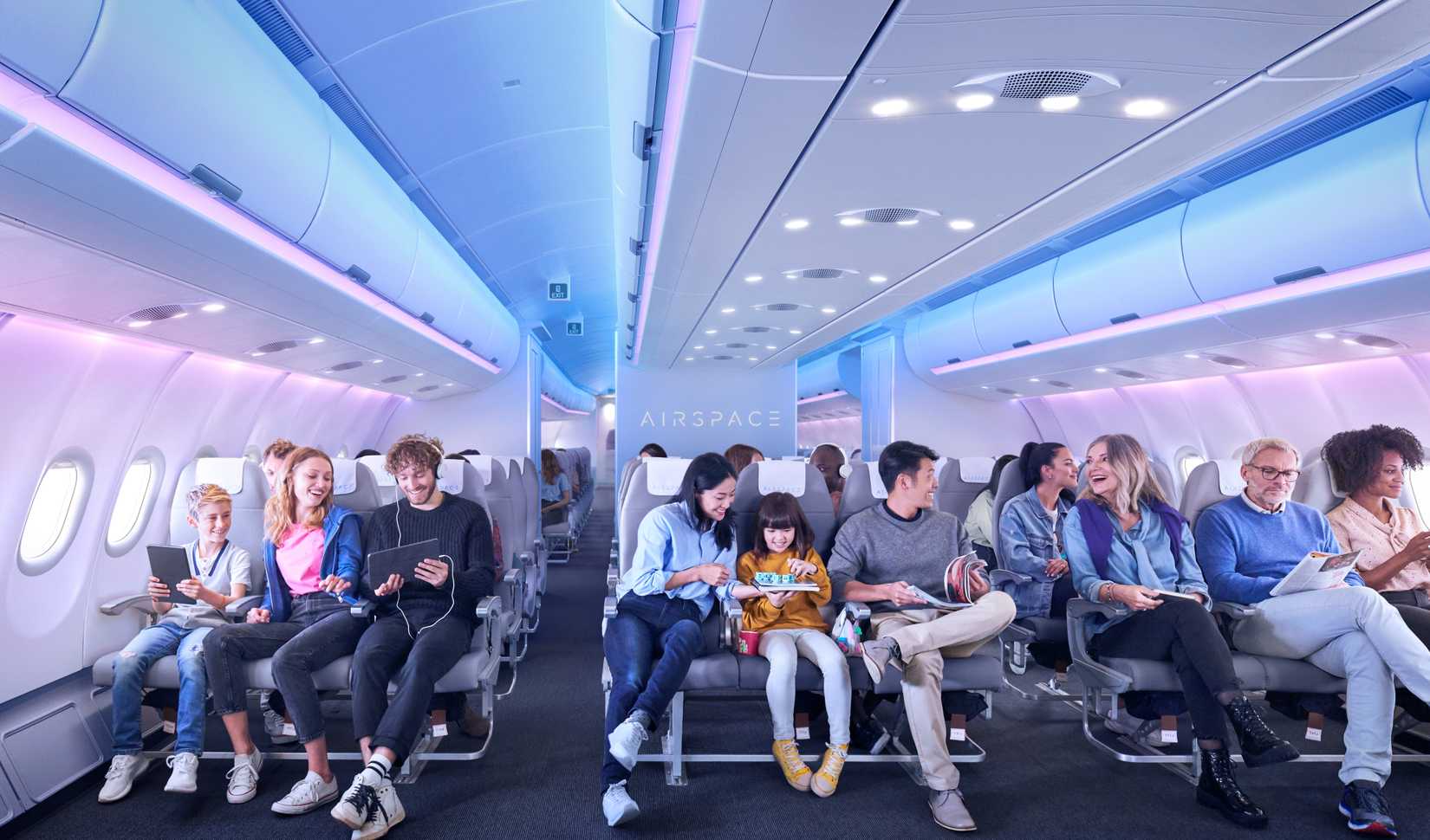 Passengers in 9 abreast Economy seats of A330neo Airspace cabin_A330_Hero_11