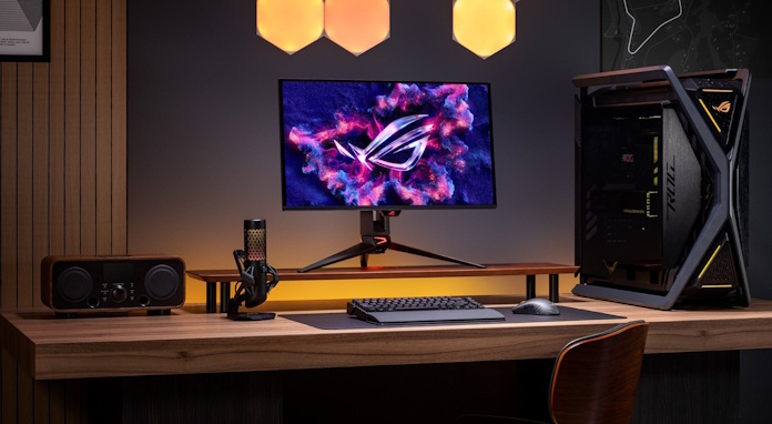 A gaming setup featuring the ROG Swift OLED PG27UCDM