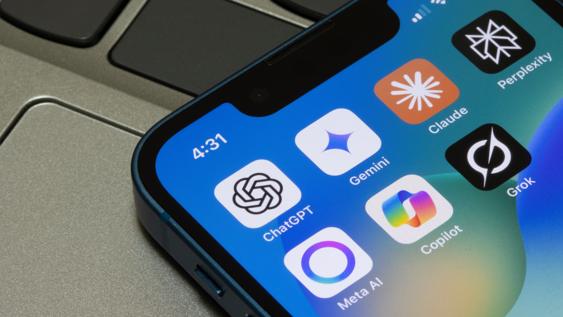 Portland, OR, USA - May 2, 2025: Assorted AI apps, including ChatGPT, Gemini, Claude, Perplexity, Meta AI, Microsoft Copilot, and Grok, are seen on the screen of an iPhone.