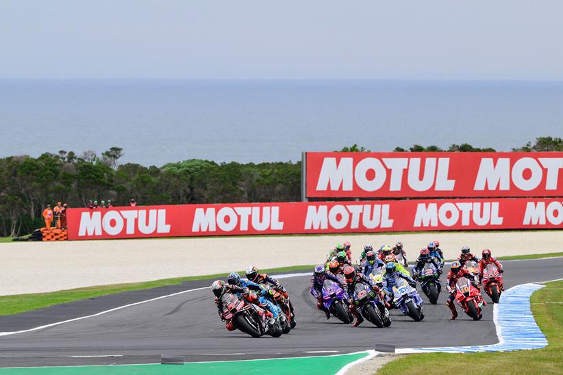 Marco Bezzecchi leads the field at Phillip Island in 2025.