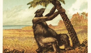 Megatherium americanum pulling on a palm tree. Extinct species of ground sloth endemic to South America, Early Pliocene to the Pleistocene. Megatherium americanum. Colour printed illustration by F. John from Wilhelm Bolsche
