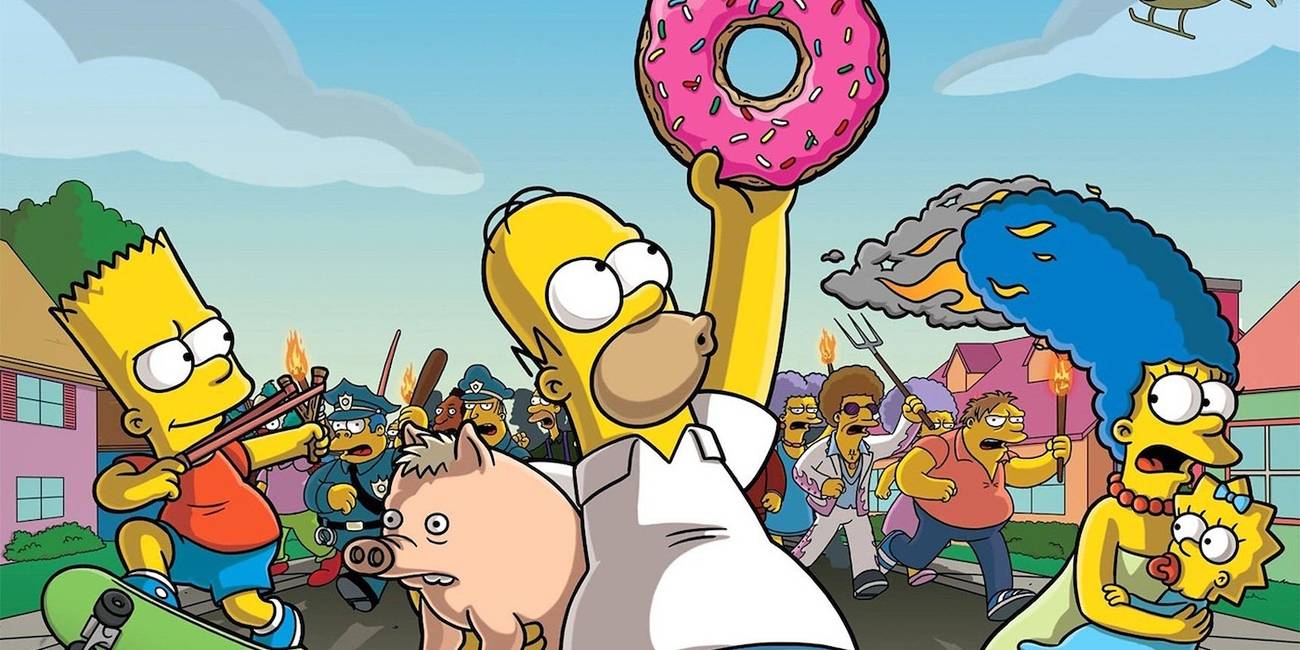 Promotional image of the Simpsons running from citizens for The Springfield Movie.