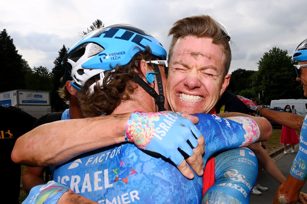 WALLERS, FRANCE - JULY 06: (L-R) Michael Woods of Canada and stage winner Simon Clarke of Australia and Team Israel - Premier Tech celebrate after the 109th Tour de France 2022, Stage 5 a 157km stage from Lille to Wallers-Arenberg / #TDF2022 / #WorldTour / on July 06, 2022 in Wallers, France. (Photo by Tim de Waele/Getty Images)