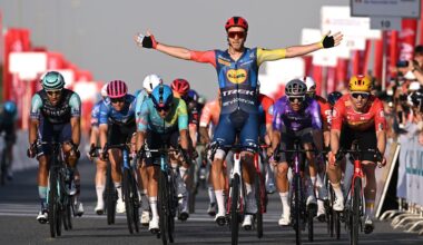 DUBAI, UNITED ARAB EMIRATES - FEBRUARY 20: Jonathan Milan of Italy and Team Lidl - Trek celebrates at finish line as stage winner ahead of Erlend Blikra of Norway and Team Uno-X Mobility, Matteo Malucelli of Italy and Team XDS Astana and Luka Mezgec of Slovenia and Team Jayco AlUla during the 8th UAE Tour 2026, Stage 5 a 168km stage from Dubai Al Mamzar Park to Hamdan Bin Mohammed Smart University / #UCIWT / on February 20, 2026 in Dubai, United Arab Emirates. (Photo by Tim de Waele/Getty Images)