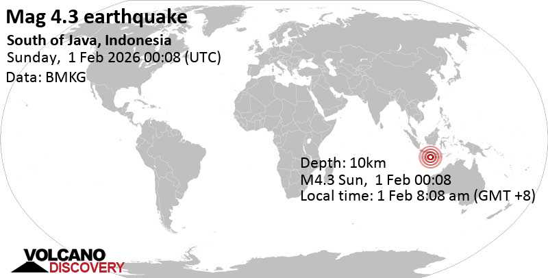 4.3 quake Indian Ocean, 293 km southwest of Denpasar, Indonesia, Feb 1, 2026 08:08 am (GMT +8)