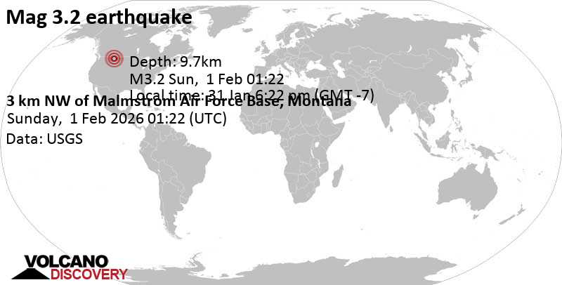 3.2 quake 4.5 mi northeast of Great Falls, Cascade County, Montana, United States, Jan 31, 2026 06:22 pm (GMT -7)