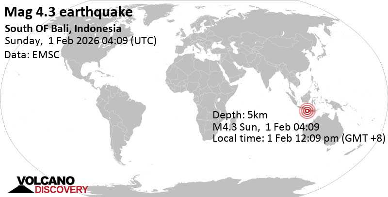 4.3 quake Indian Ocean, 154 km south of Denpasar, Kota Denpasar, Provinsi Bali, Indonesia, Feb 1, 2026 12:09 pm (GMT +8)