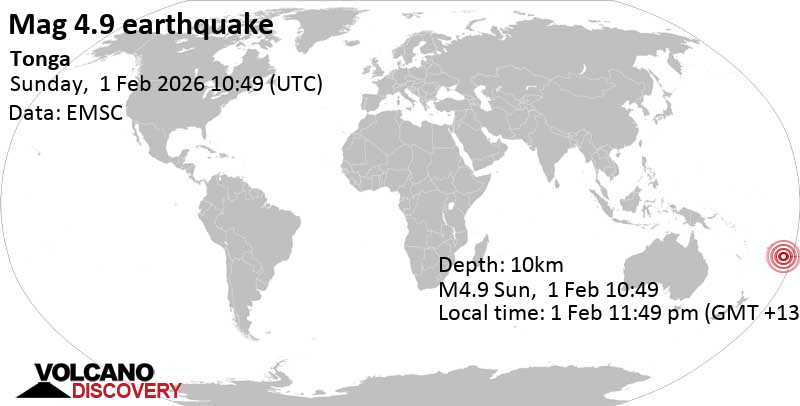 4.9 quake South Pacific Ocean, 108 km east of 'Eua Island, Eua, Tonga, Feb 1, 2026 11:49 pm (GMT +13)