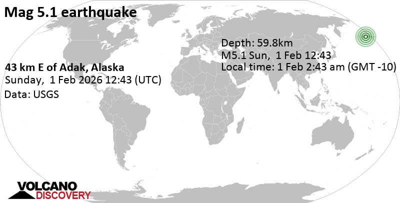 5.1 quake Bering Sea, 4 mi south of Omak Island, Aleutians West Census Area, Alaska, United States, Feb 1, 2026 02:43 am (Adak time)