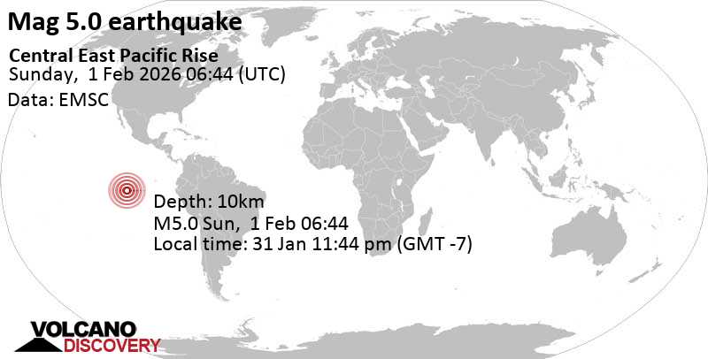 5.0 quake Central East Pacific Rise Jan 31, 2026 11:44 pm (GMT -7)